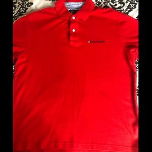 Red Tommy Hilfiger collard shirt navy blue logo